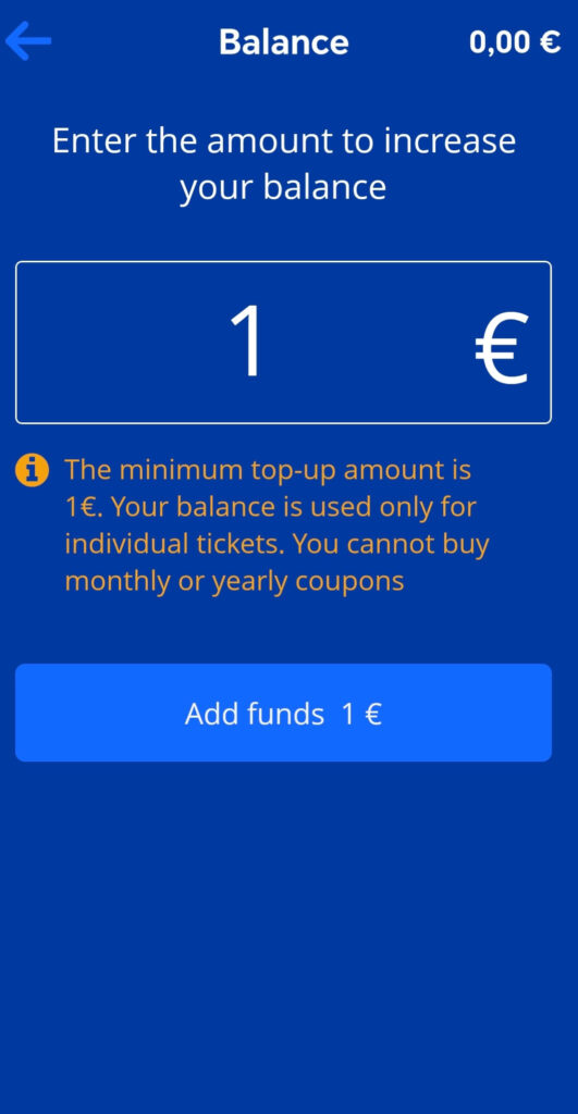 Selecting the 1 Euro minimum top up amount in MojZET app