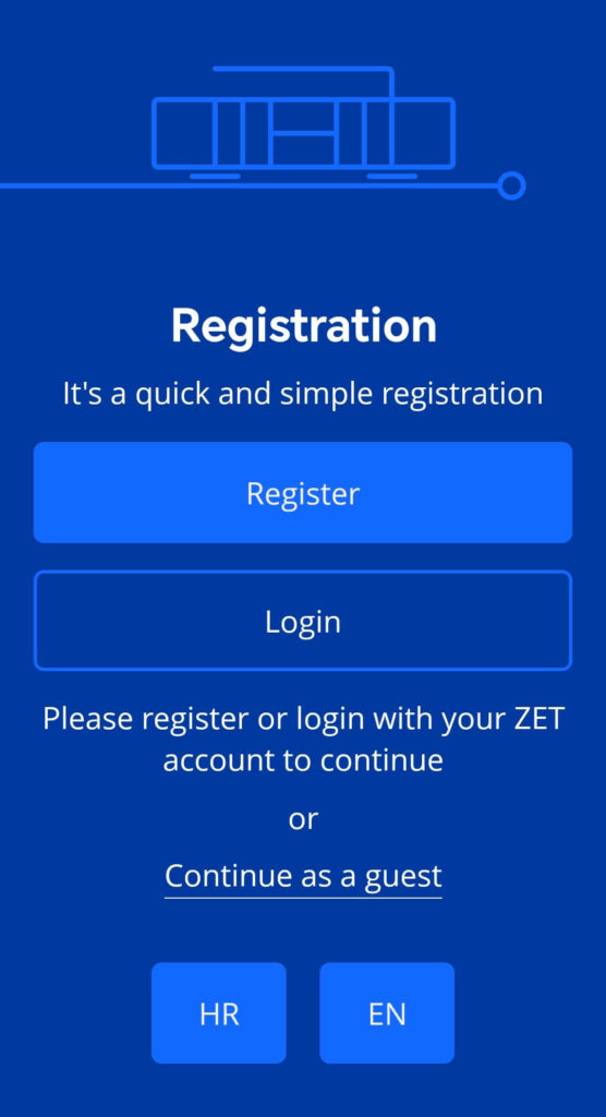 MojZET app registration welcome screen for Zagreb public transport