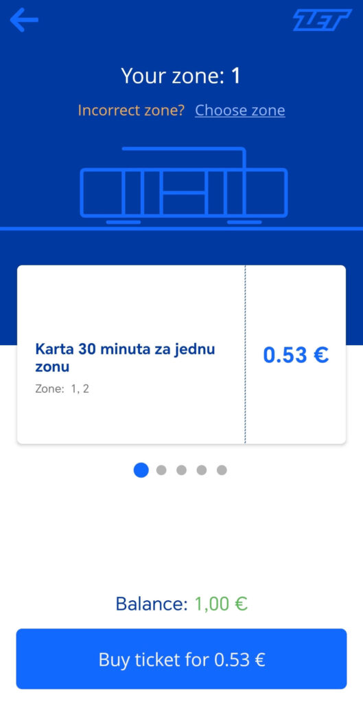 Buying a 30 minute tram ticket for 0.53 Euro in MojZET app