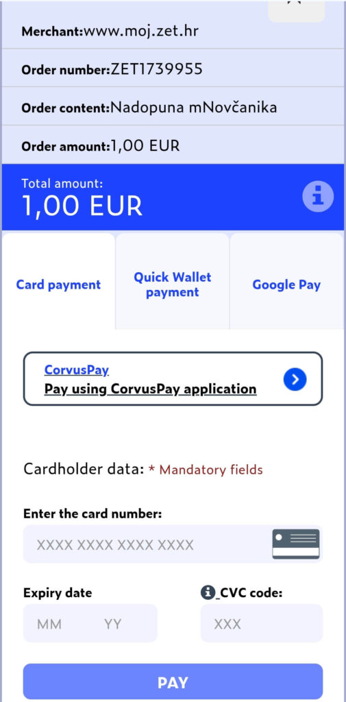 Entering card details for CorvusPay in the MojZET application