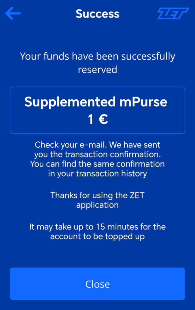 Successful transaction screen in MojZET app for Zagreb tram tickets