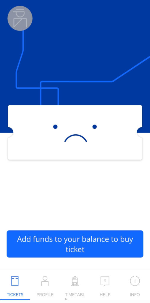 MojZET app dashboard showing empty balance before buying tickets