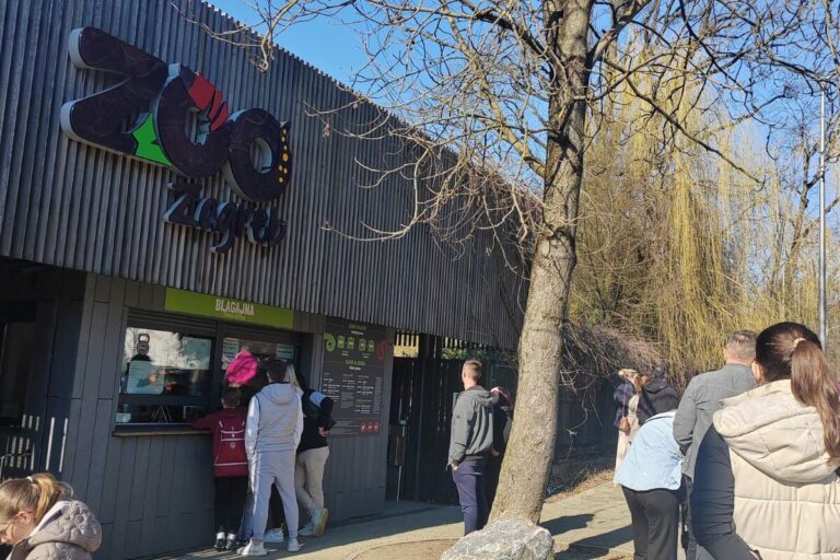 Line of families at the Zagreb Zoo Ravnice entrance ticket office on a sunny day.