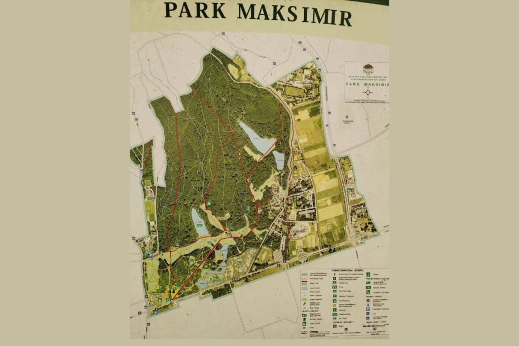 A detailed topographical map of Maksimir Park showing lakes, walking trails, and forested areas.
