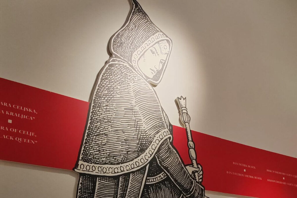 An interactive museum display at Medvedgrad fortress showing an illustration of Barbara Celjska, the Black Queen of Zagreb.