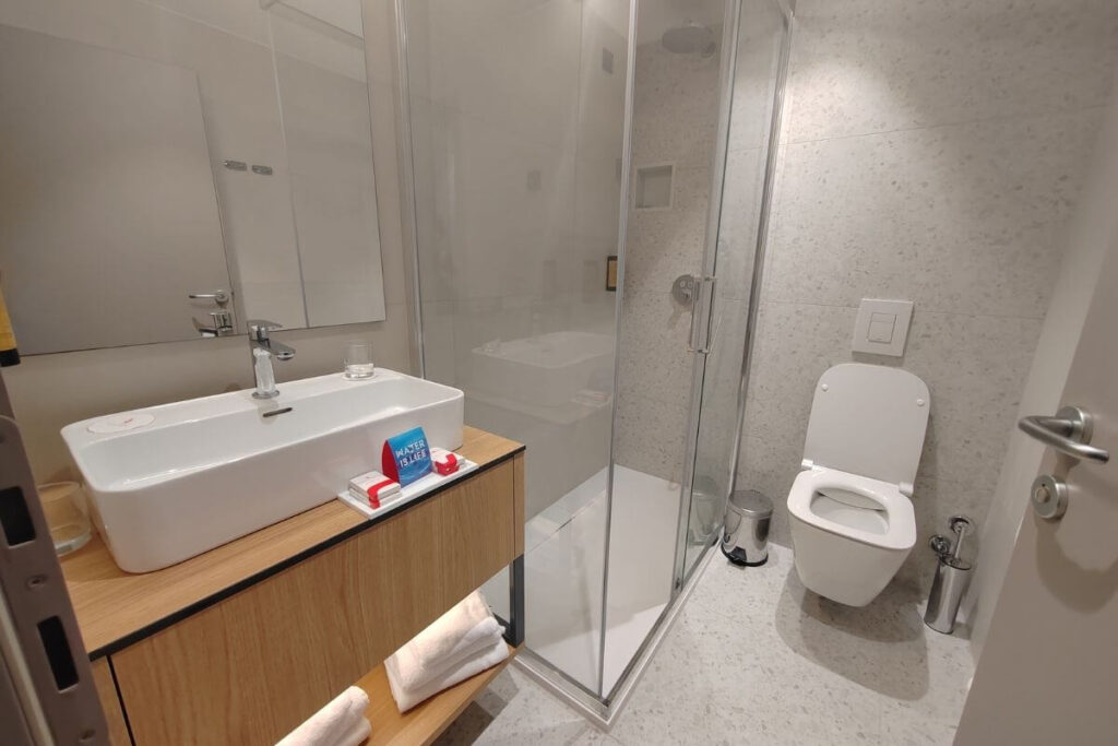 Modern hotel bathroom with a large walk-in glass shower enclosure, vanity sink, and toilet.